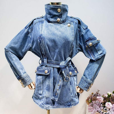 Turtleneck Single Breasted Elegant Denim Coat