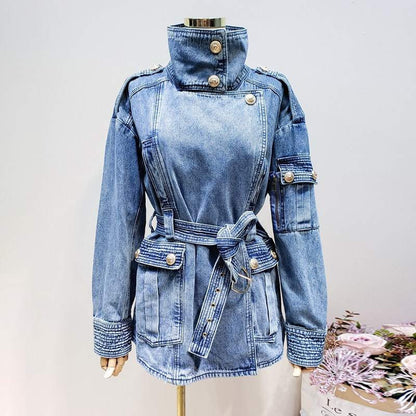 Turtleneck Single Breasted Elegant Denim Coat