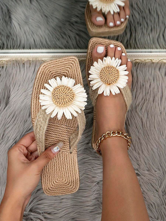 Coffee Brown Bohemian Linen Slide Sandals – Comfortable Flat Summer & Everyday Slides