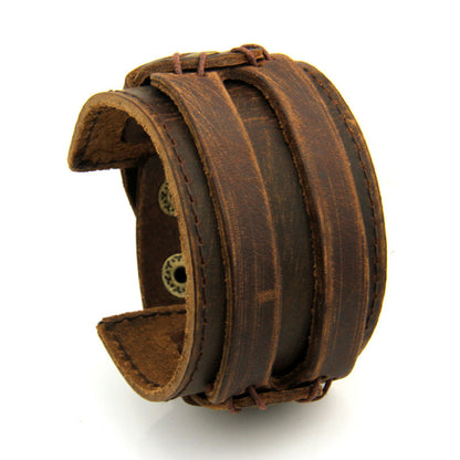 Wide Two-Row Leather Bracelet – Unisex Korean-Inspired Streetwear Accessory