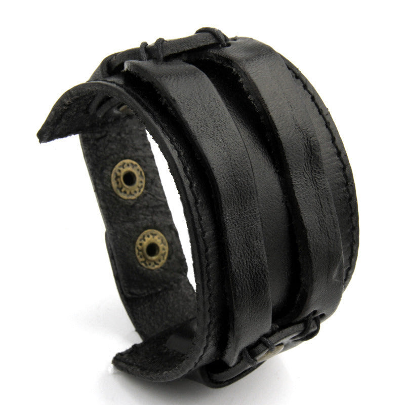 Wide Two-Row Leather Bracelet – Unisex Korean-Inspired Streetwear Accessory