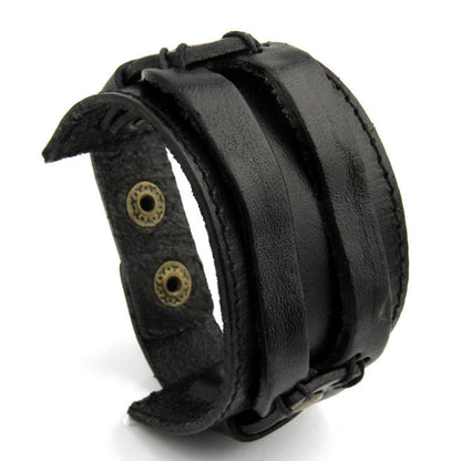 Wide Two-Row Leather Bracelet – Unisex Korean-Inspired Streetwear Accessory