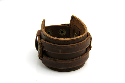 Wide Two-Row Leather Bracelet – Unisex Korean-Inspired Streetwear Accessory