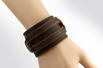 Wide Two-Row Leather Bracelet – Unisex Korean-Inspired Streetwear Accessory