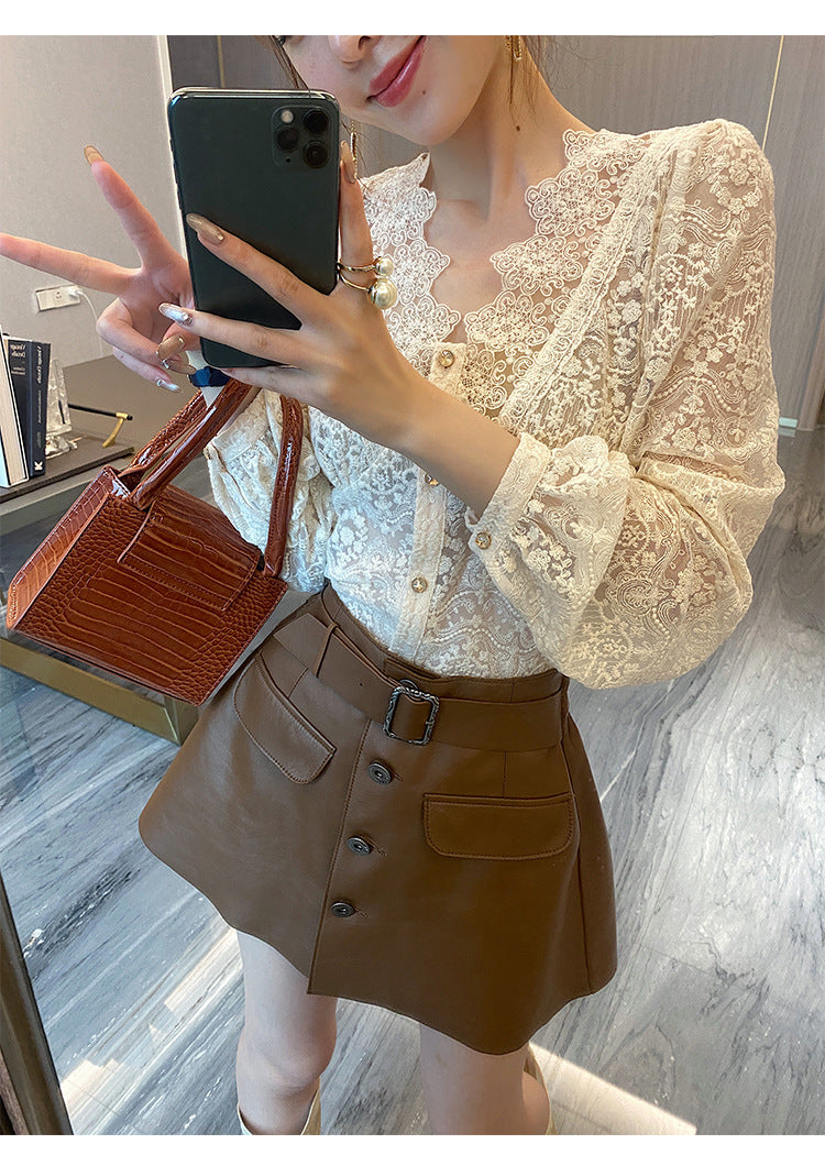 Elegant Lace & Cotton Blouse – Korean OL Commuting Outfit for Women