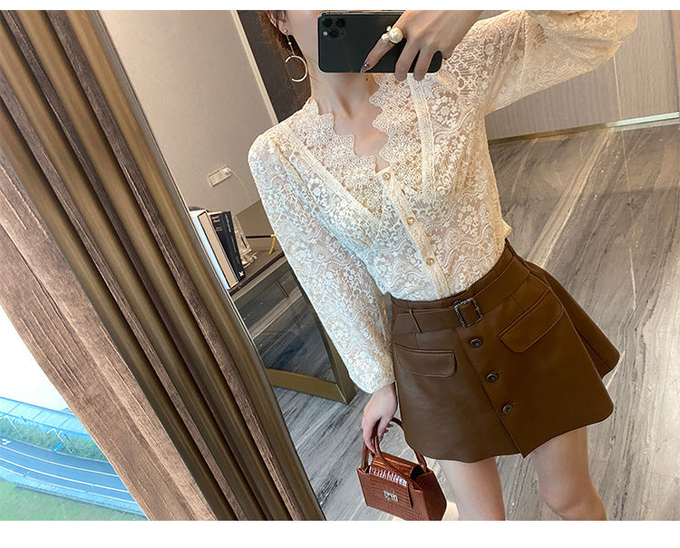 Elegant Lace & Cotton Blouse – Korean OL Commuting Outfit for Women