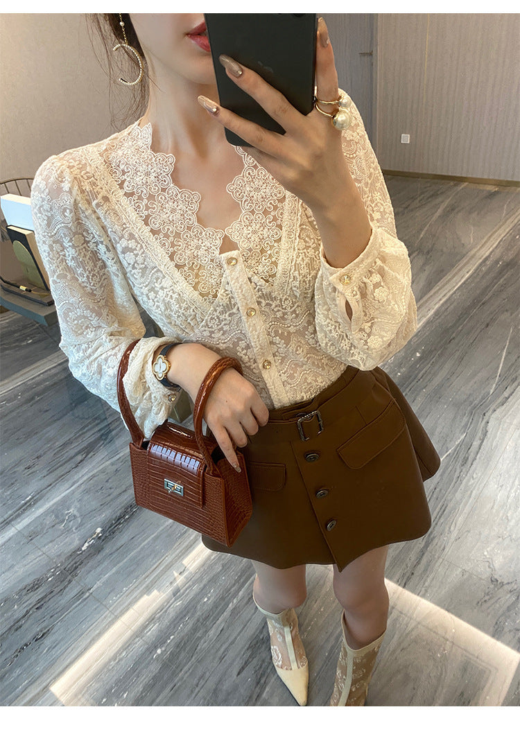 Elegant Lace & Cotton Blouse – Korean OL Commuting Outfit for Women