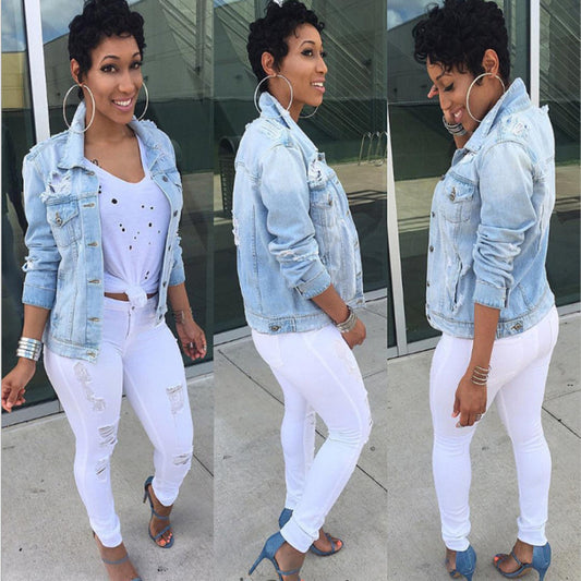 Vintage Ripped Plus Size Women Denim Jacket