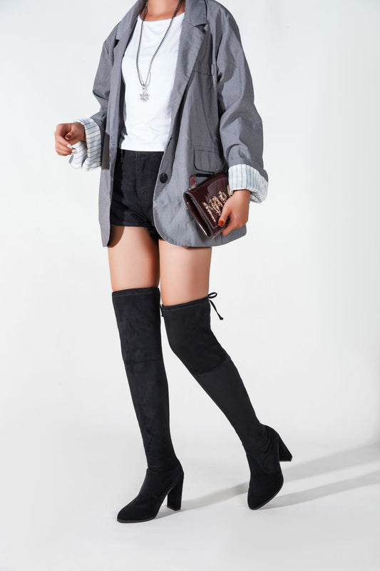 Black Over-the-Knee Suede Boots for Women | Pointed Toe High Thick Heel Winter Boots