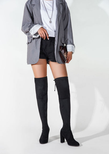 Black Over-the-Knee Suede Boots for Women | Pointed Toe High Thick Heel Winter Boots