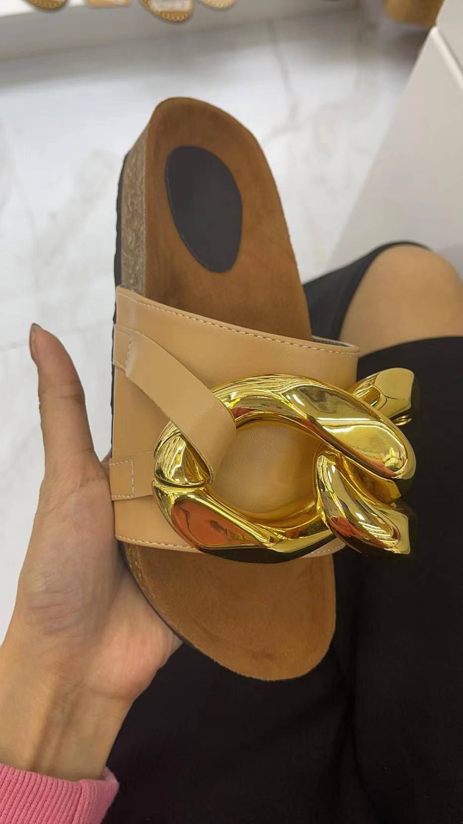 Gold Metal Chain Luxury Women Flat Slippers For Summer