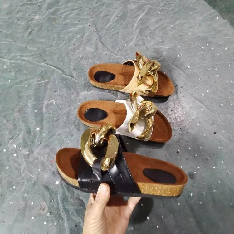Gold Metal Chain Luxury Women Flat Slippers For Summer