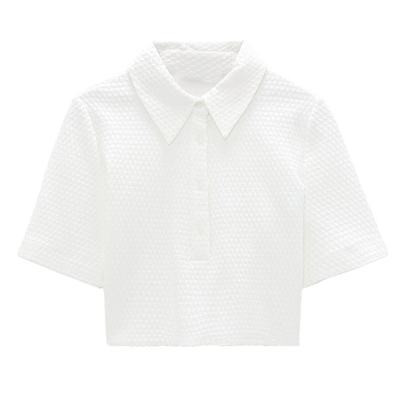 Women S Cropped Button Shirt Blue White Elegant Short Sleeve Office Top