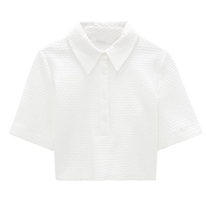 Women S Cropped Button Shirt Blue White Elegant Short Sleeve Office Top