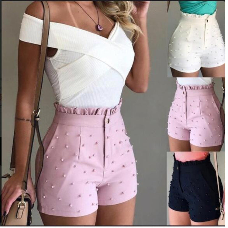 Sexy High Waist Women’s Shorts – Nail Bead Embellished Summer Style