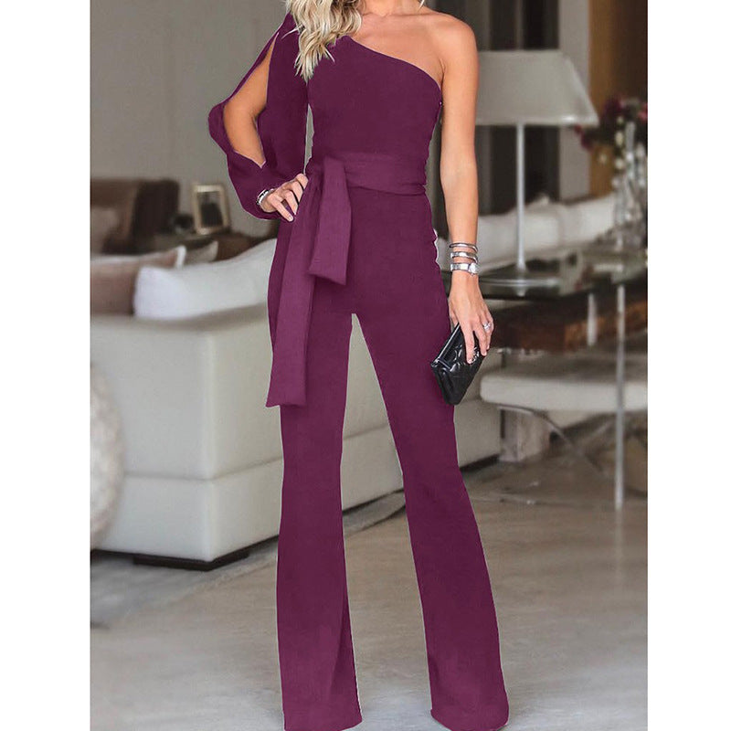 One Shoulder Ribbed Jumpsuit Seamless Bodycon For Autumn