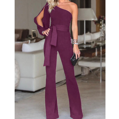 One Shoulder Ribbed Jumpsuit Seamless Bodycon For Autumn