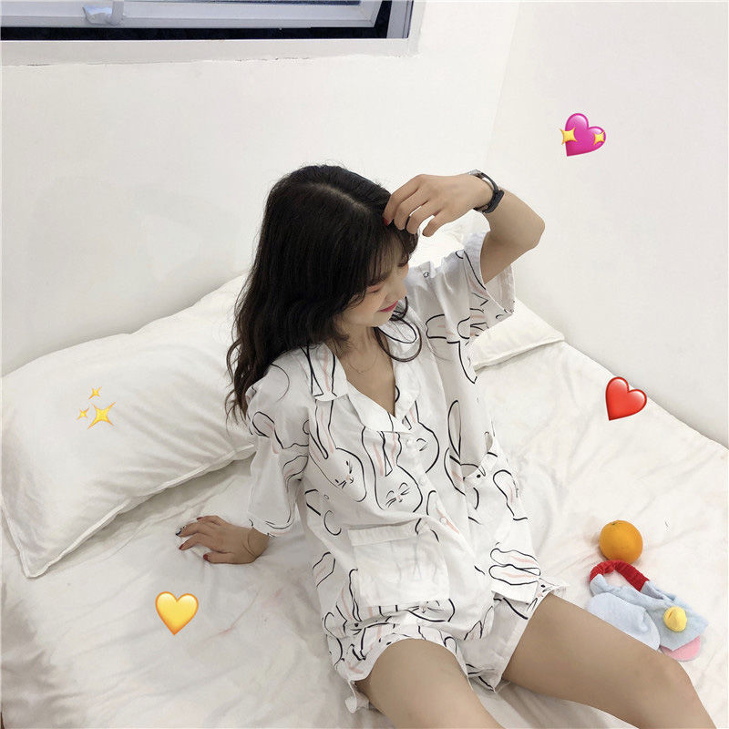 White Rabbit Print Pajama Two-Piece Outfit Set | Cute Korean Style 2025 Aesthetic