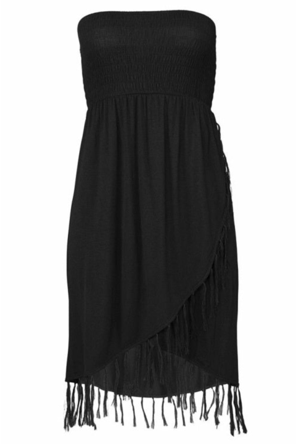 Black strapless dress with fringe details on a white background