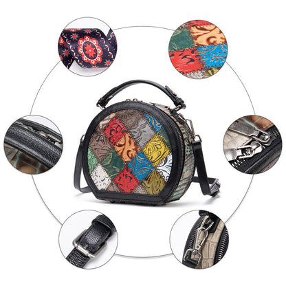 Small Cylindrical Cowhide Leather Handbag Retro Geometric