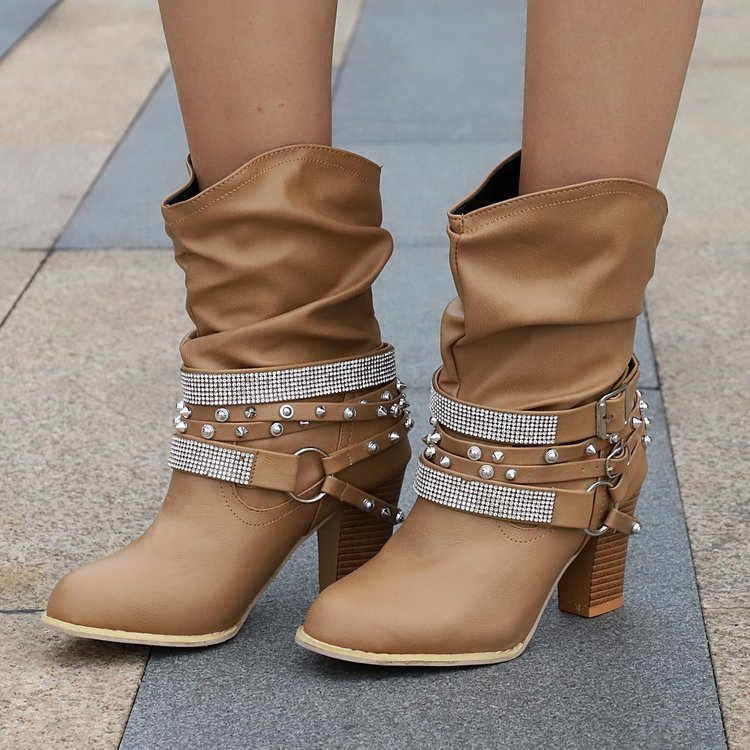Rhinestone Belt Buckle Leather Martin Boots | Thick High Heel European & American Style Boots