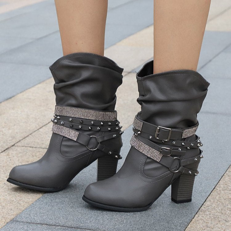 Rhinestone Belt Buckle Leather Martin Boots | Thick High Heel European & American Style Boots
