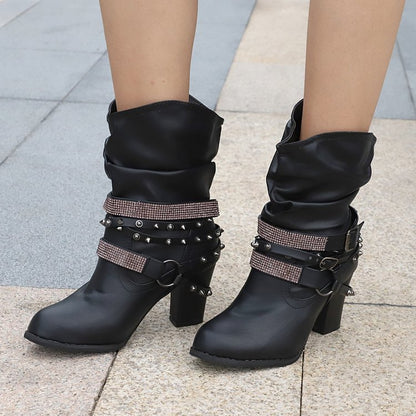 Rhinestone Belt Buckle Leather Martin Boots | Thick High Heel European & American Style Boots