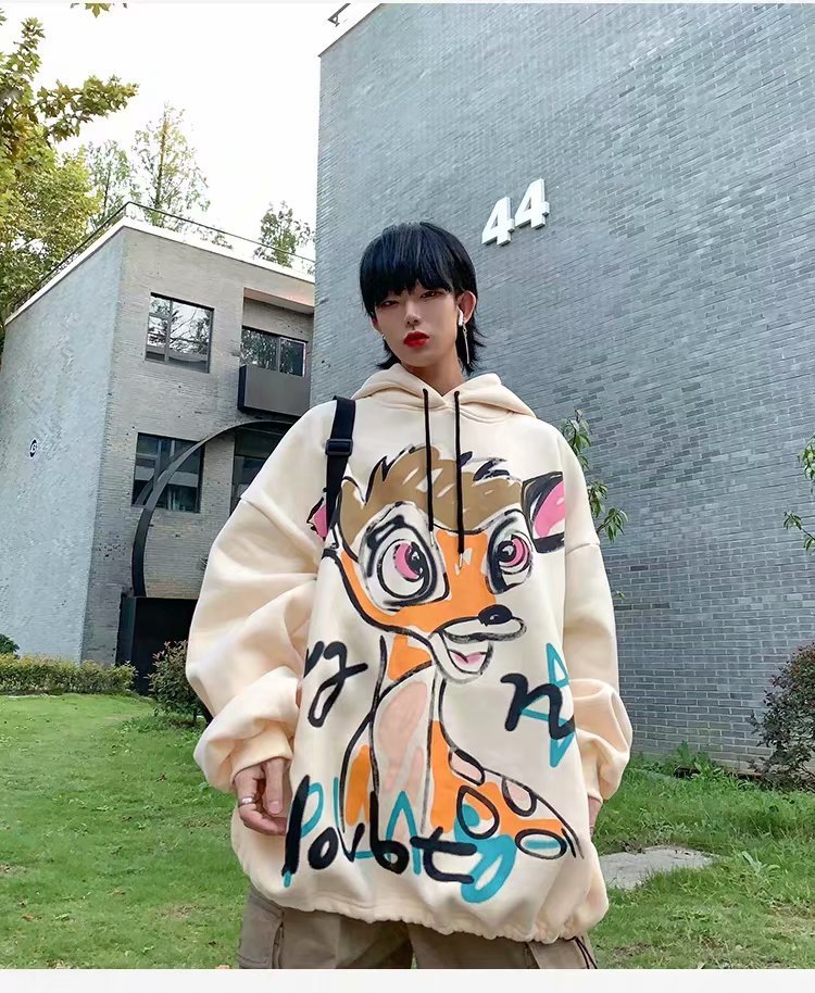Funny Korean Style Cartoon Print Hooded Cardigan