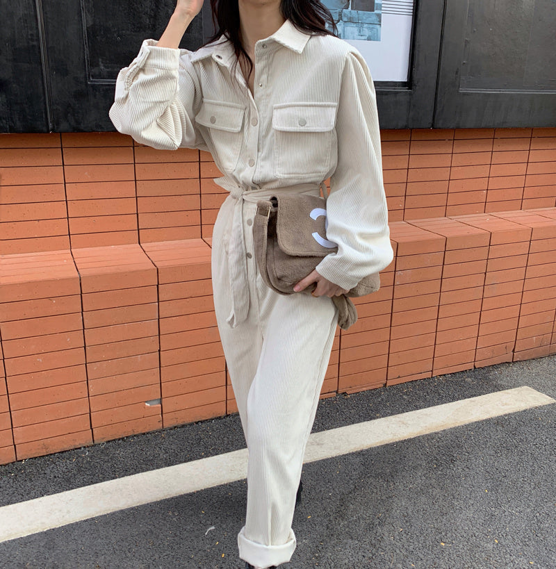Long Sleeve Lapel Jumpsuit for Women – Elegant Spring One-Piece Outfit in Apricot
