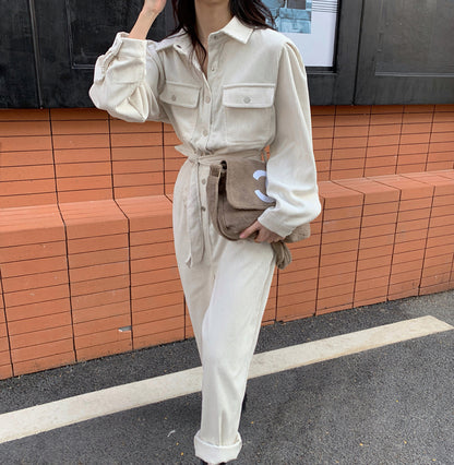 Long Sleeve Lapel Jumpsuit for Women – Elegant Spring One-Piece Outfit in Apricot