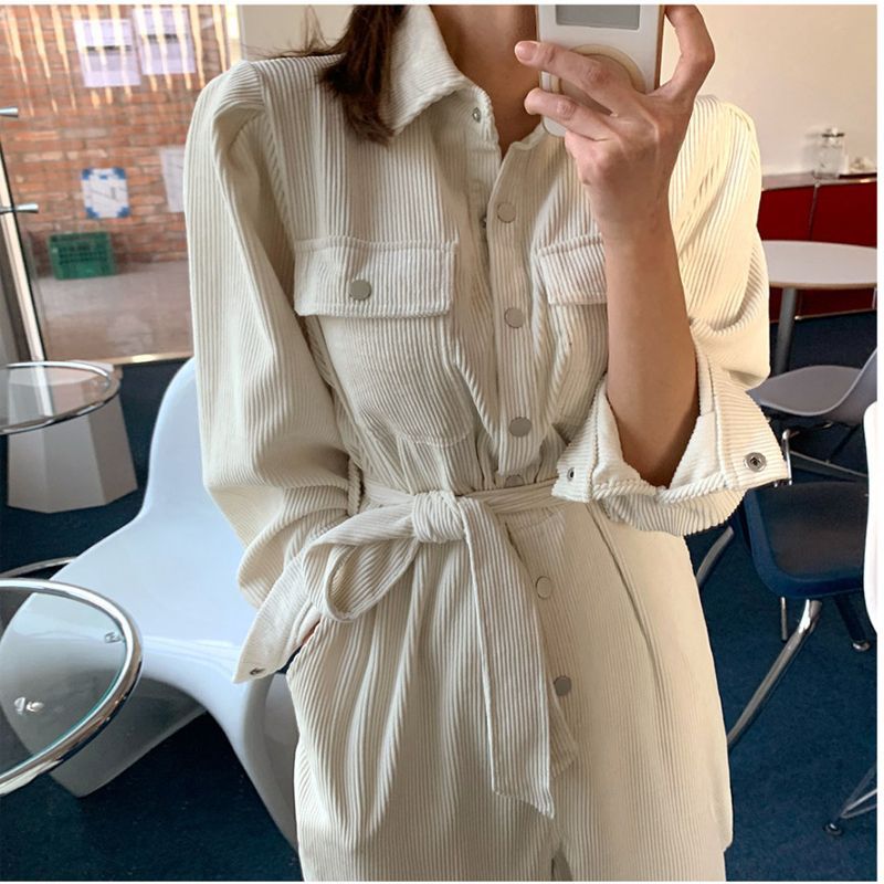 Long Sleeve Lapel Jumpsuit for Women – Elegant Spring One-Piece Outfit in Apricot