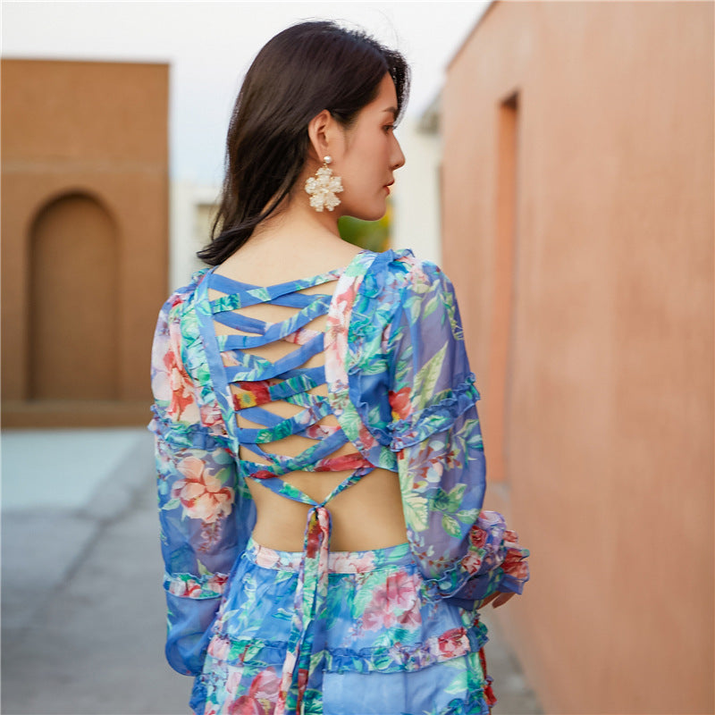 Elegant Floral Print Backless Casual Jumpsuits