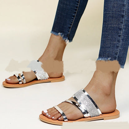 Shiny Rhinestone Design Elegant Flat Slippers For Women