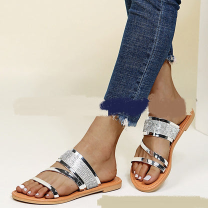 Shiny Rhinestone Design Elegant Flat Slippers For Women