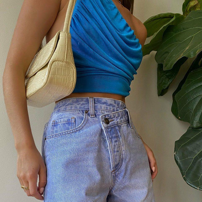 One-Shoulder Ruched Crop Top for Women – Asymmetric Summer Party Outfit