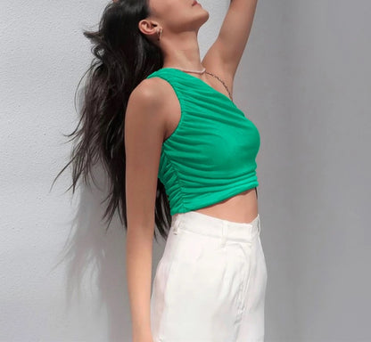 One-Shoulder Ruched Crop Top for Women – Asymmetric Summer Party Outfit