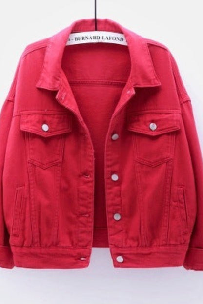 Red denim jacket on a white background