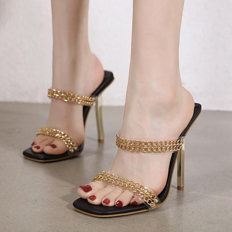 Transparent Chain Decor Gold Silver Mid Heel Women Shoes
