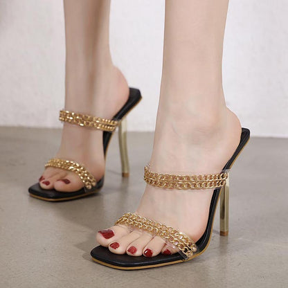 Transparent Chain Decor Gold Silver Mid Heel Women Shoes
