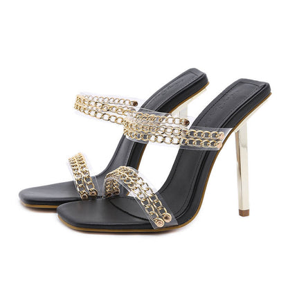 Transparent Chain Decor Gold Silver Mid Heel Women Shoes