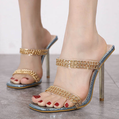 Transparent Chain Decor Gold Silver Mid Heel Women Shoes
