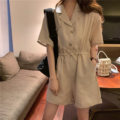 Polo Flip Collar Open Back Slim Romper For Women