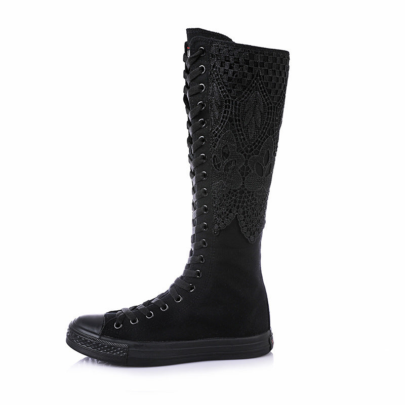 Canvas Winter Knee High Boots for Women | Punk Lace-Up Black Street Style Boots