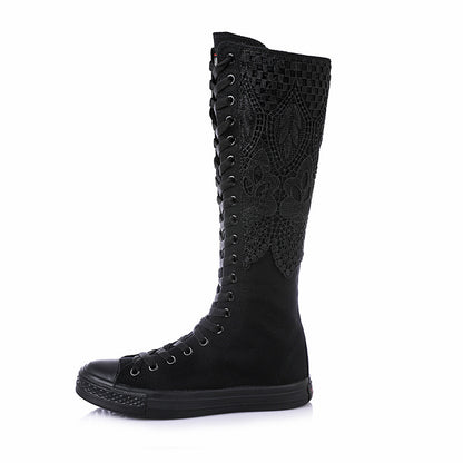 Canvas Winter Knee High Boots for Women | Punk Lace-Up Black Street Style Boots