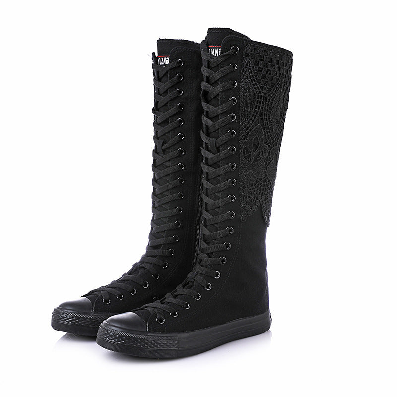 Canvas Winter Knee High Boots for Women | Punk Lace-Up Black Street Style Boots