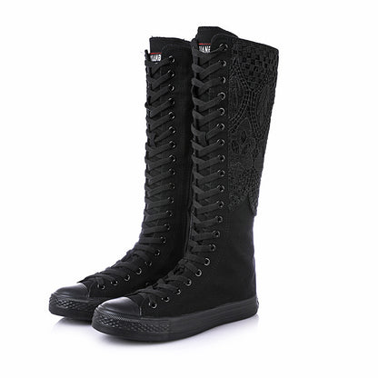 Canvas Winter Knee High Boots for Women | Punk Lace-Up Black Street Style Boots