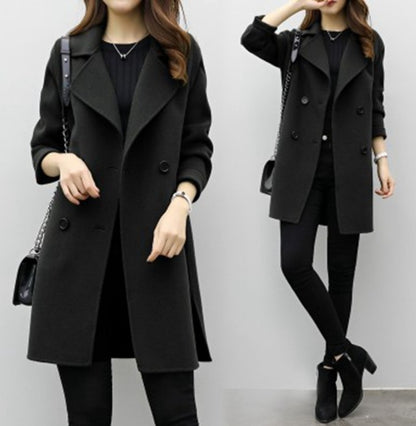 Womens Autumn Retro Double Breasted Loose Slim Fit Woolen Coat