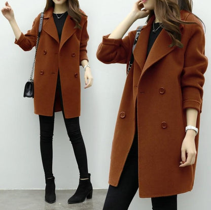 Womens Autumn Retro Double Breasted Loose Slim Fit Woolen Coat