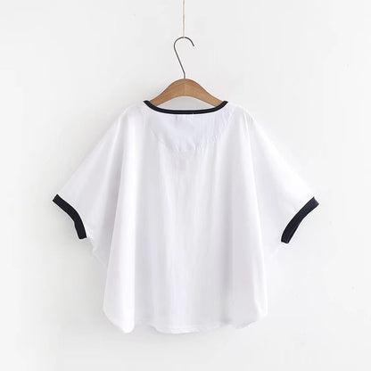 Harajuku Lucky Cat Embroidered T-Shirt – Kawaii Japanese Streetwear Tee for Women