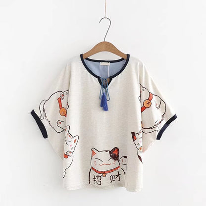 Harajuku Lucky Cat Embroidered T-Shirt – Kawaii Japanese Streetwear Tee for Women